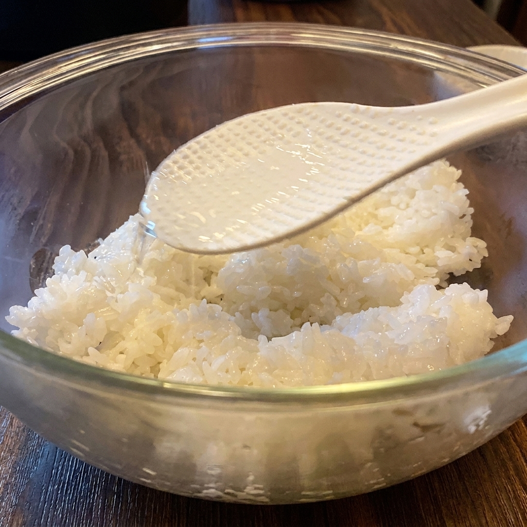 Przezroczysty ocet do sushi wylewany na białą łopatkę trzymaną nad szklaną miską z ugotowanym ryżem.