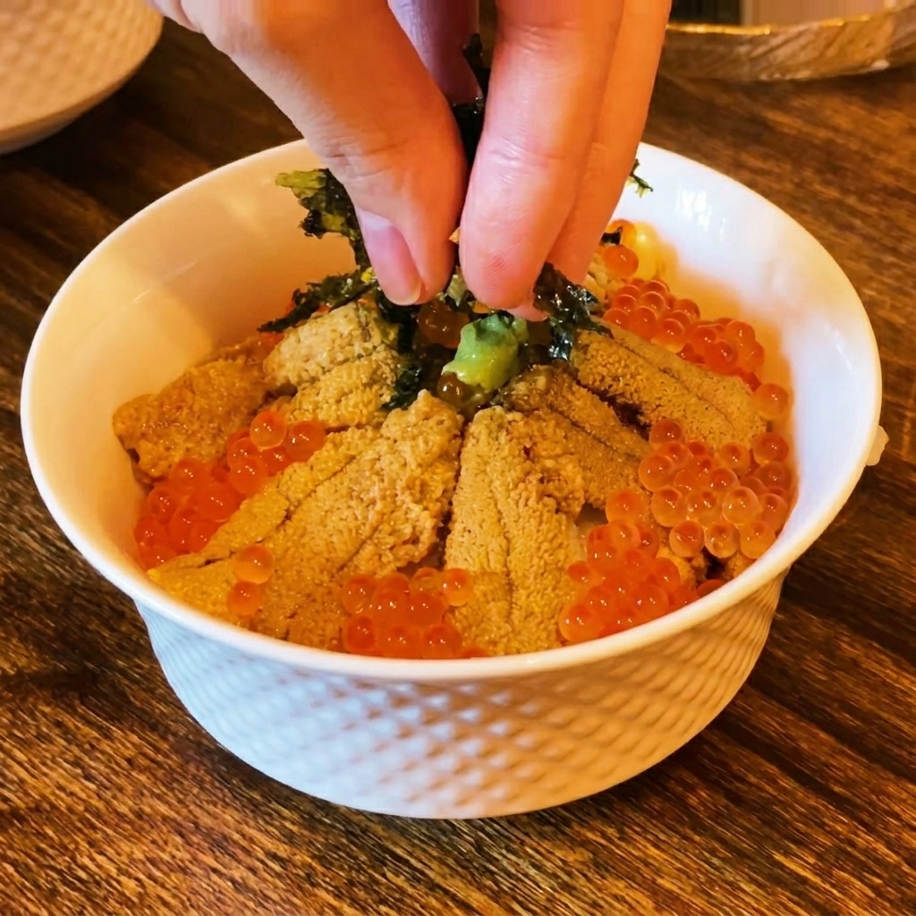 Palce posypujące ciemnymi paskami wodorostów wierzch miski sushi wypełnionej jeżowcem i kawiorem.