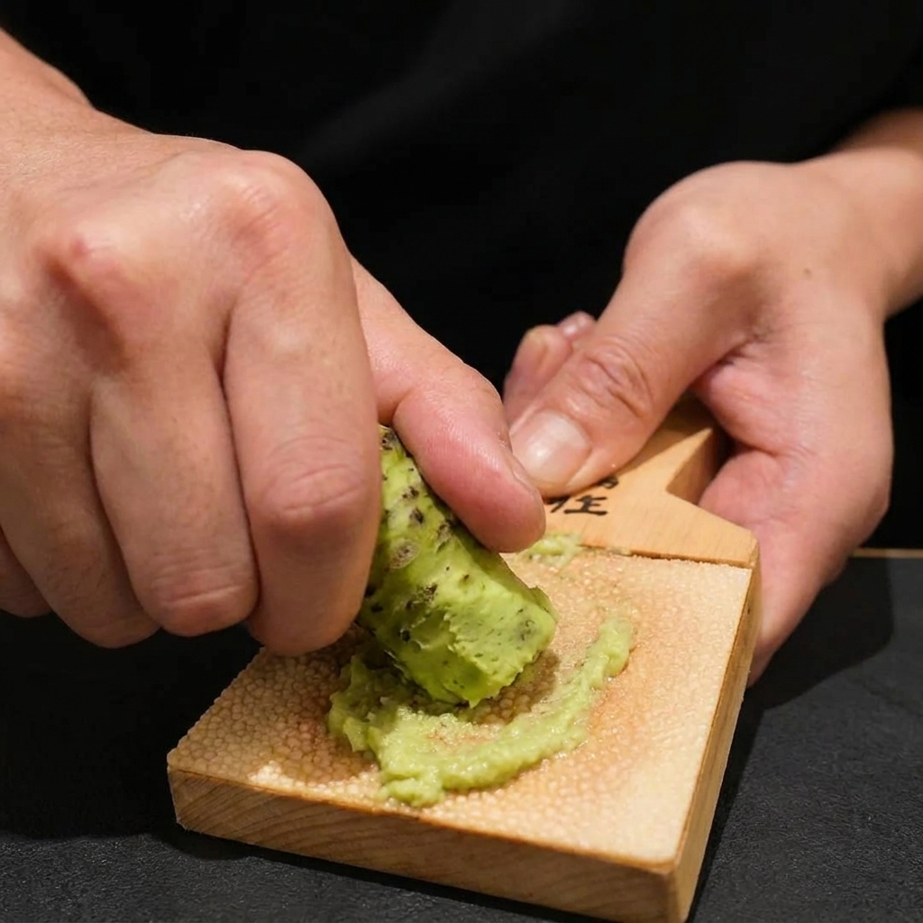 Świeży, zielony korzeń wasabi ścierany okrężnymi ruchami na tradycyjnej, drewnianej tarce.