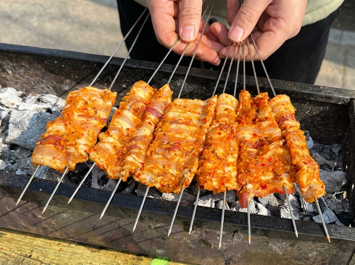 Kilka podwójnych szaszłyków z boczku ułożonych płasko na czarnym prostokątnym grillu węglowym.