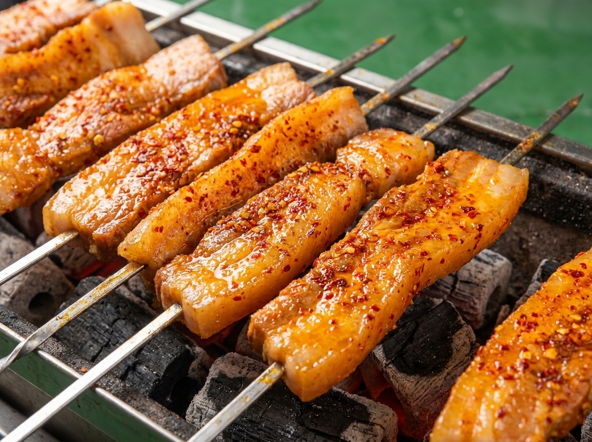 Szaszłyki z boczku przewrócone na grillu, pokazujące lśniące, rumiane mięso i wytopiony tłuszcz nad gorącym węglem.