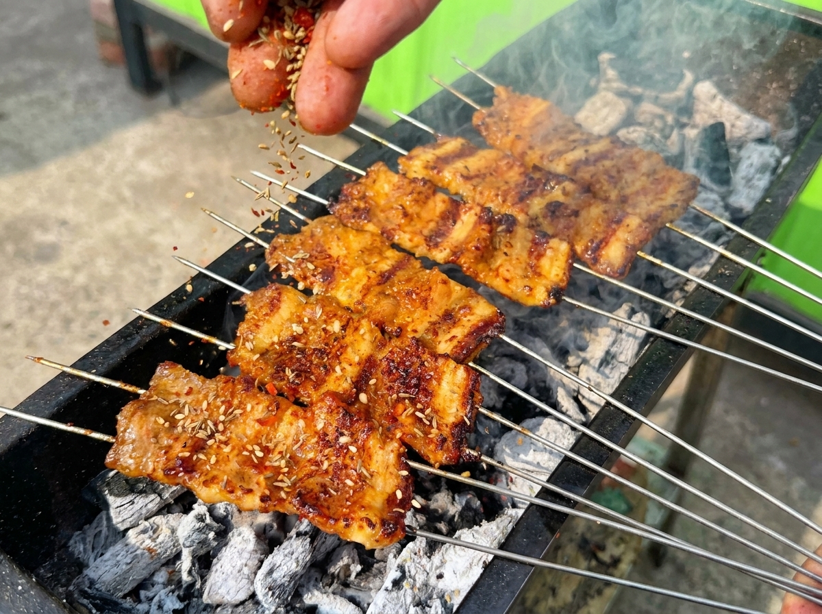 Dłoń posypująca mieszanką nasion i płatków chili przypieczone szaszłyki z boczku na dymiącym grillu.