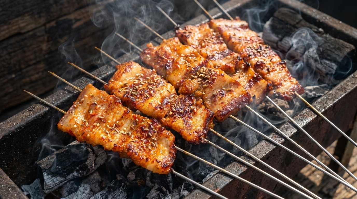Koreańskie szaszłyki z boczku z grilla węglowego (Yangnyeom Samgyeopsal-gui)