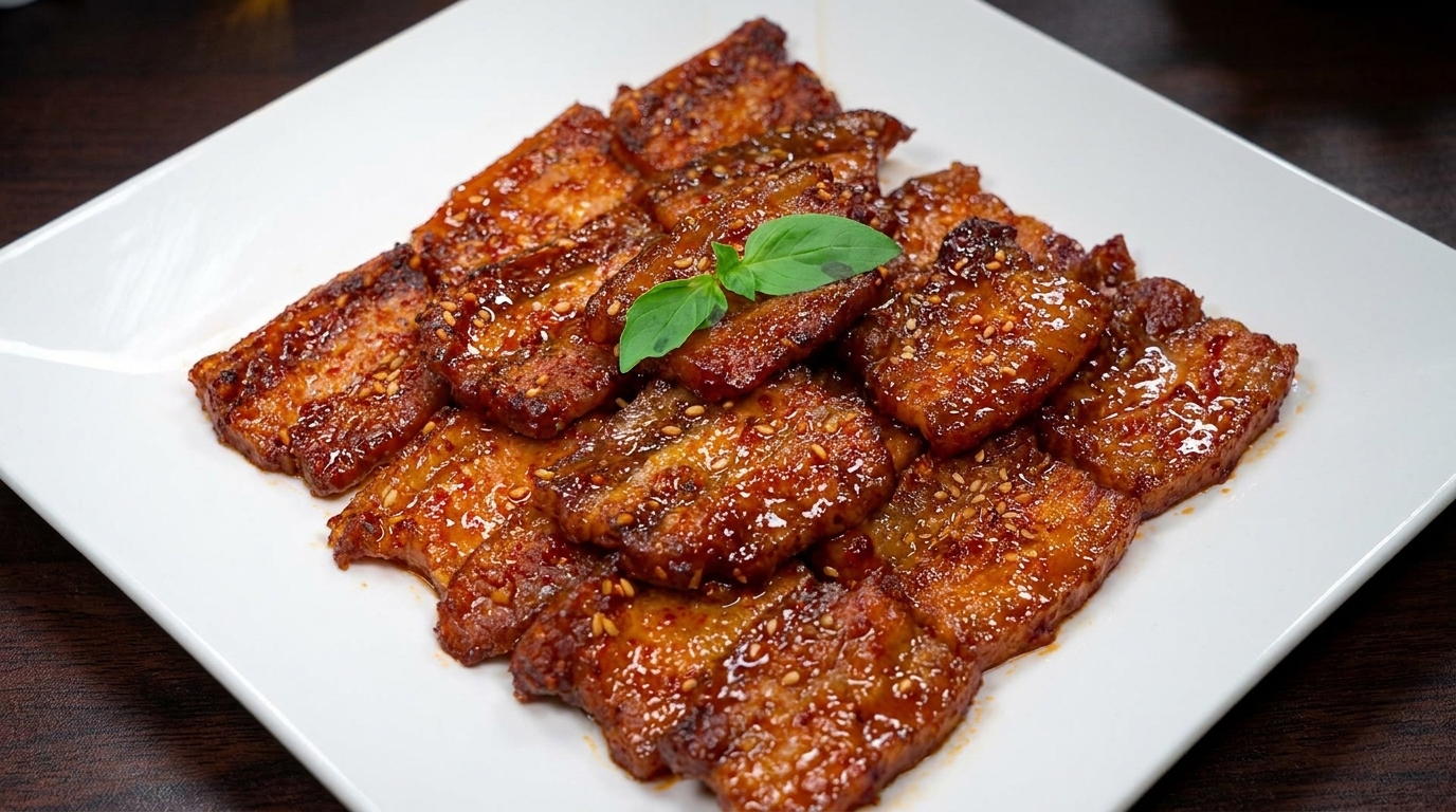 Pyszny koreański pieczony boczek (Samgyeopsal-gui) z piekarnika