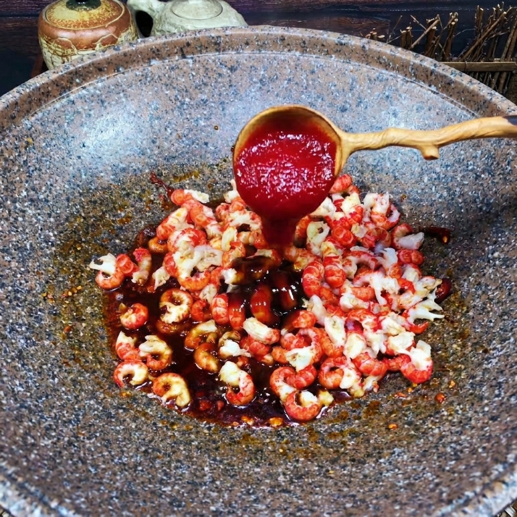 Drewniana łyżka dodająca jaskrawoczerwony ketchup do szyjek rakowych i ciemnego sosu w woku.