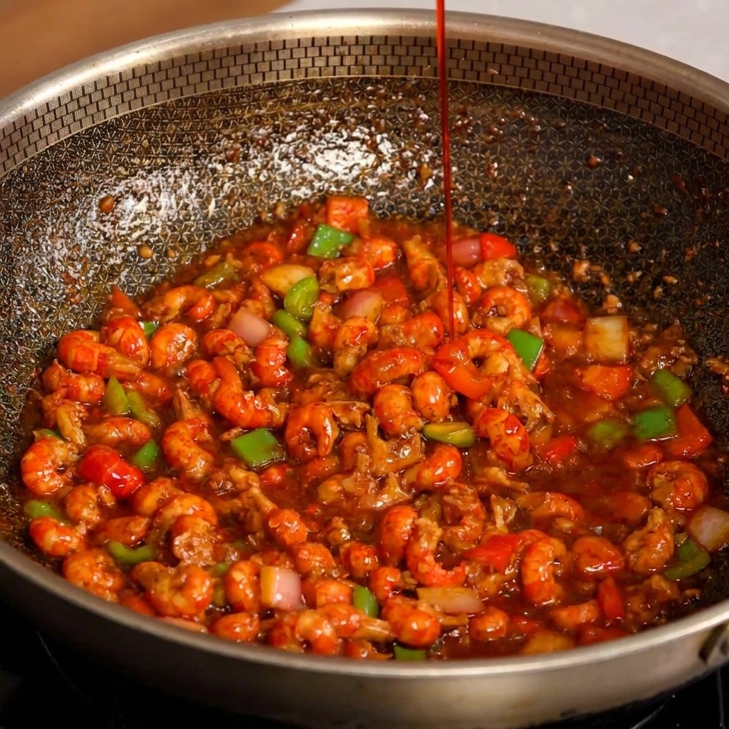 Strumień intensywnie czerwonego oleju chili wlewany na gotowe raki w woku.