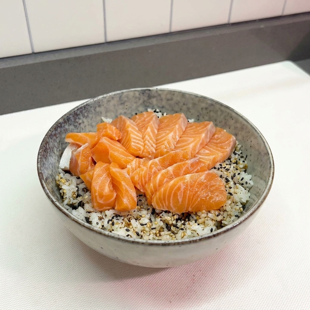Miska białego ryżu posypana sezamem i furikake z kilkoma plastrami pomarańczowego surowego łososia ułożonymi wachlarzowato na górze.