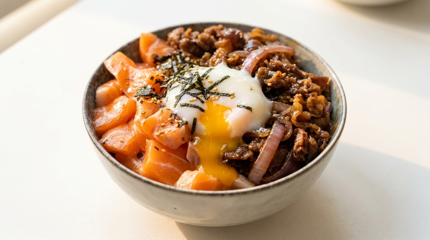 Donburi z łososiem, wołowiną i jajkiem onsen