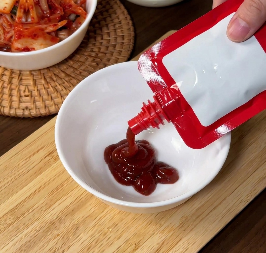 Ręka wyciskająca intensywnie czerwoną koreańską pastę chili z opakowania do białej miseczki.