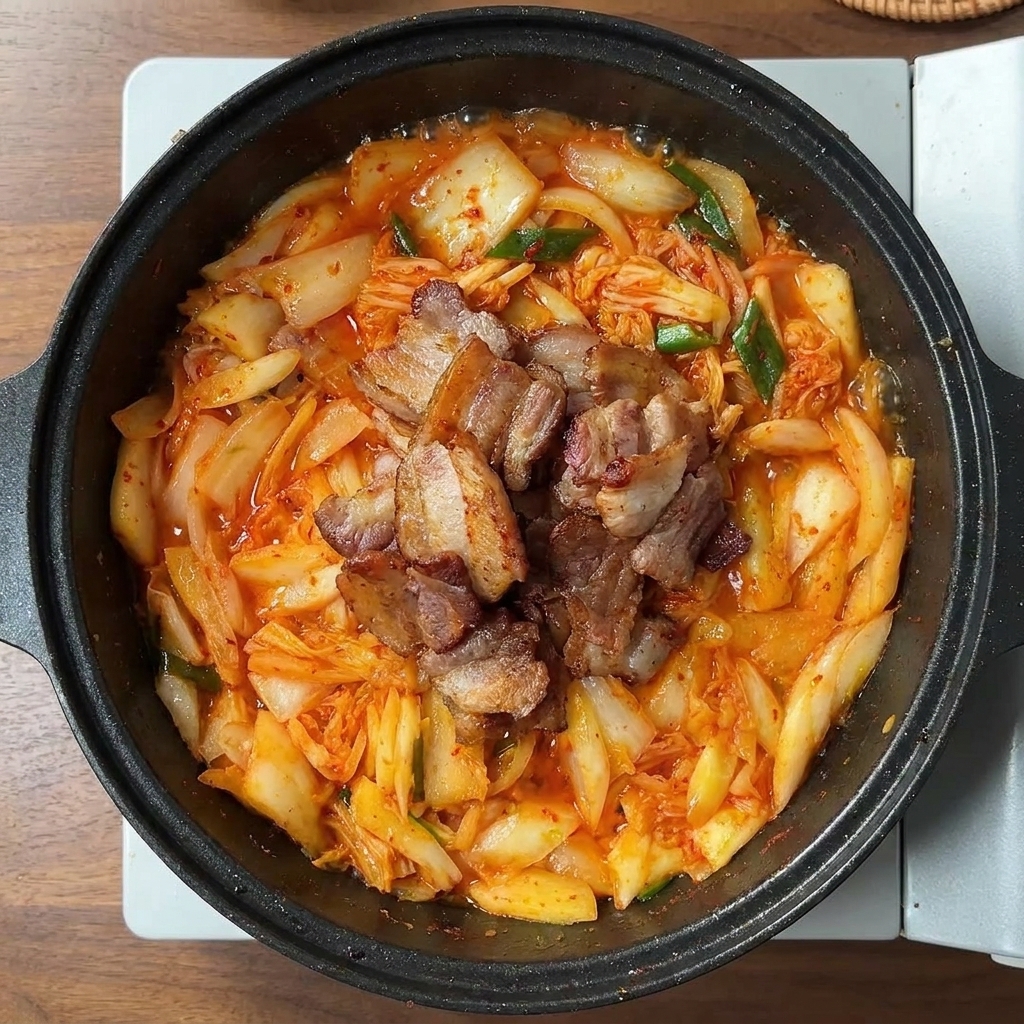 Podsmażone plastry boczku na warstwie kimchi i cebuli na czarnej patelni.