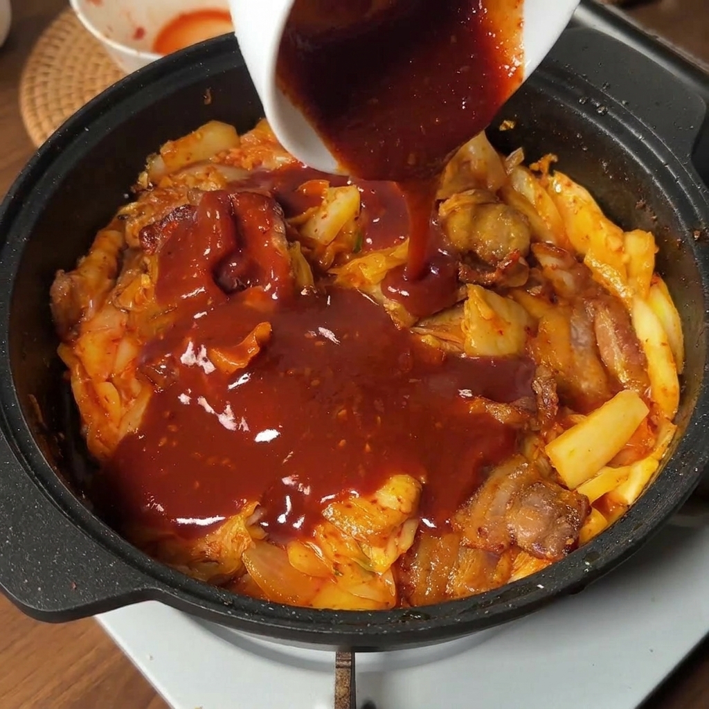 Gęsty czerwony sos koreański wylewany z małej miseczki na boczek i kimchi na patelni.