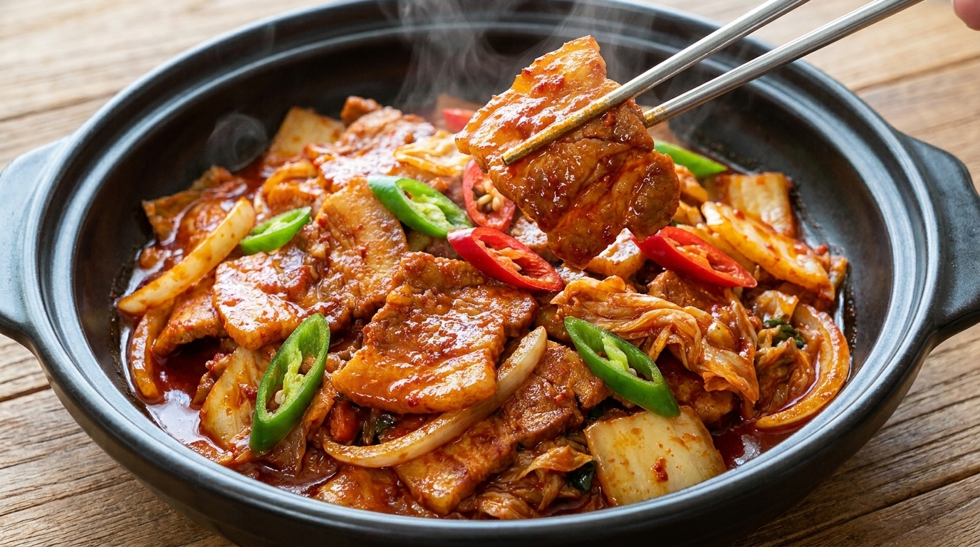 Autentyczny boczek na ostro po koreańsku (Jeyuk Bokkeum) z kimchi
