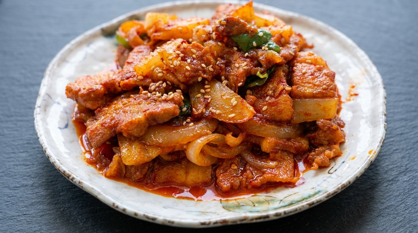 Oryginalny Jeyuk-bokkeum: Koreańska pikantna wieprzowina z patelni