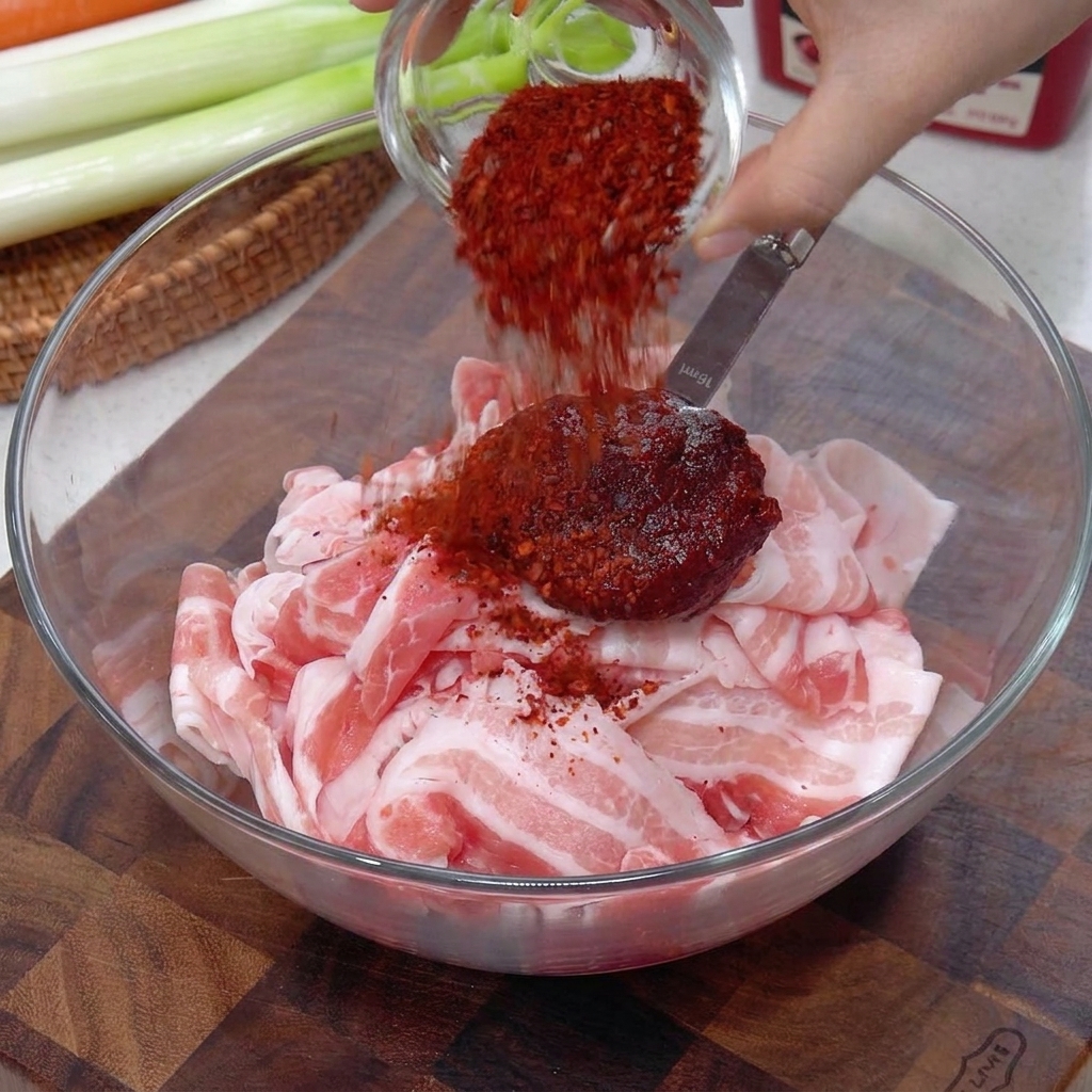 Zbliżenie na czerwoną pastę chili i przyprawy dodawane do miski z cienko pokrojonym świeżym boczkiem wieprzowym.