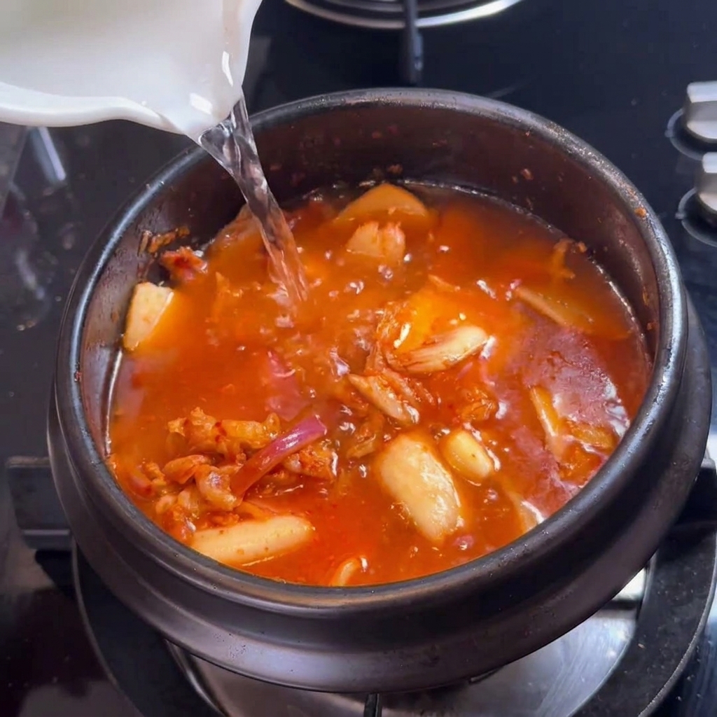 Czysta woda wlewana z białego dzbanka do ciemnego garnka wypełnionego kimchi, boczkiem i cebulą.