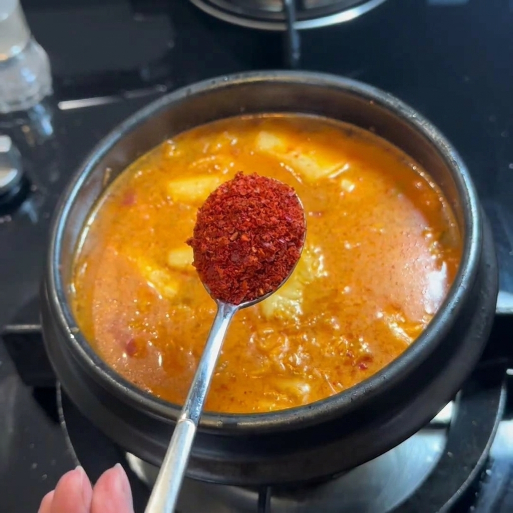 Łyżka jaskrawoczerwonej koreańskiej papryki chili dodawana do gotującej się zupy.