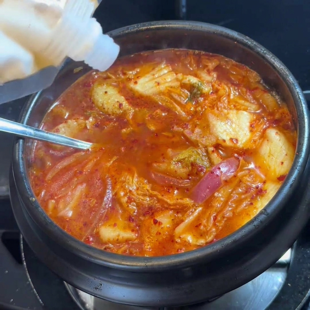 Biały cukier sypany do gotującej się zupy kimchi w ciemnym garnku.
