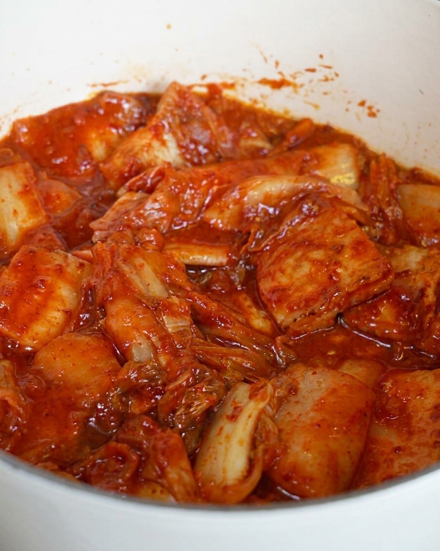 Zbliżenie na pokrojone kimchi i kawałki boczku wymieszane w garnku i pokryte czerwoną pastą chili.