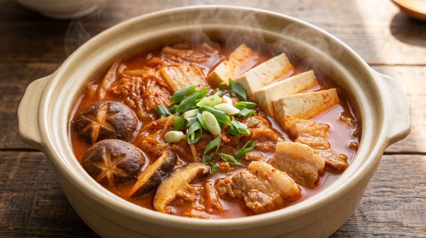 Parujący garnek ceramiczny z zupą Kimchi-jjigae pełną boczku, świeżego tofu i grzybów shiitake.