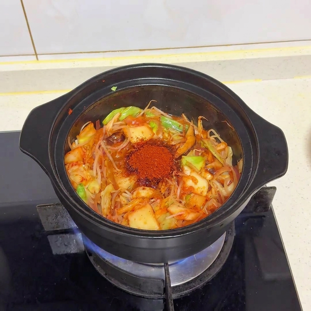 Kopczyk intensywnie czerwonego drobnego chili na szczycie warzyw w czarnym garnku.