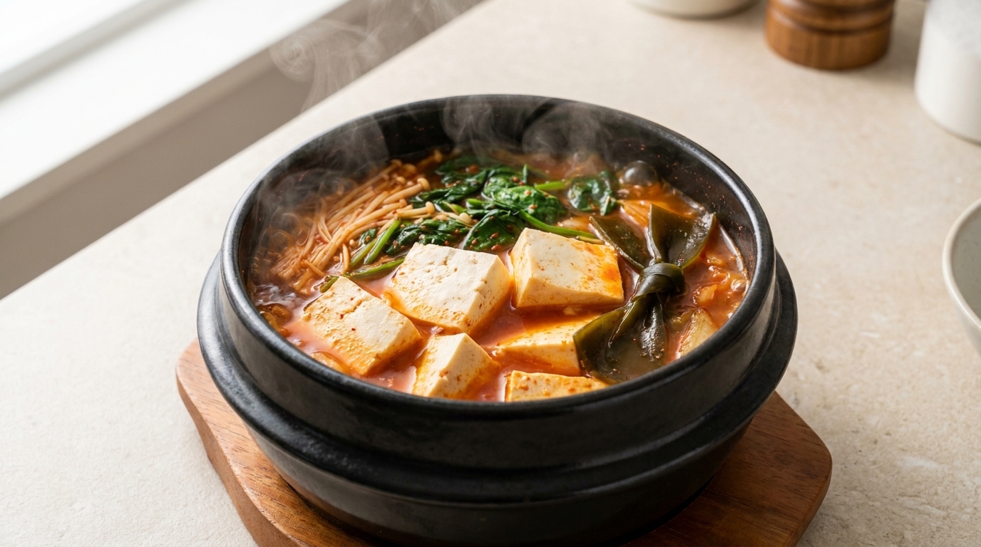 Szybka wegetariańska zupa kimchi z tofu (Kimchi-jjigae)
