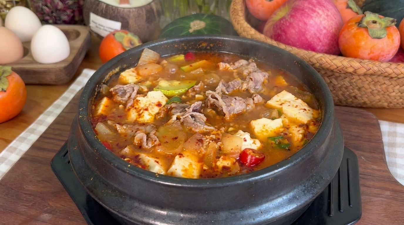 Bulgoczący w tradycyjnym ceramicznym garnku kociołek doenjang-jjigae z jedwabistym tofu, wołowiną i cukinią w pikantnym bulionie.