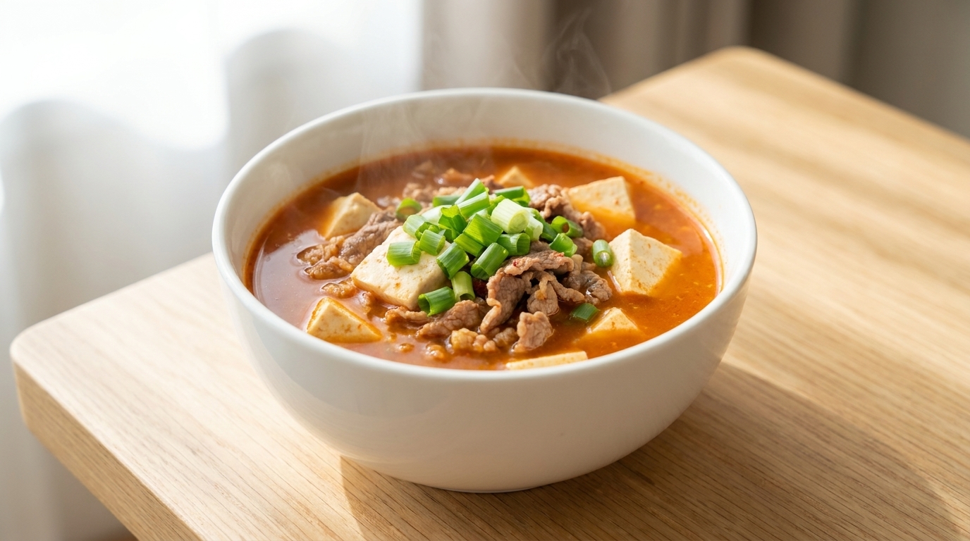Szybka zupa Doenjang-jjigae z wołowiną i tofu