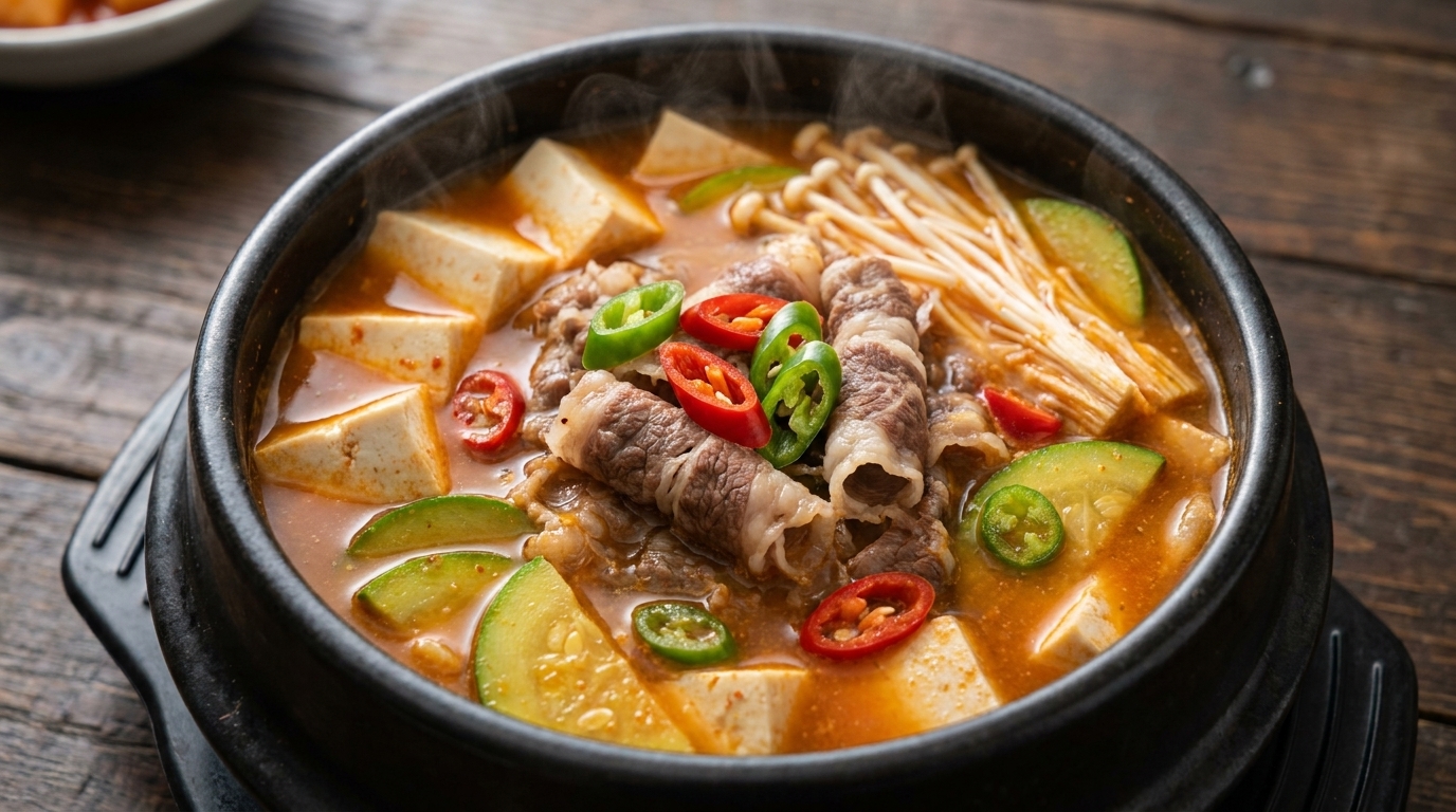 Niskokaloryczne Doenjang-jjigae z Wołowiną (Koreańska Zupa z Pasty Sojowej)