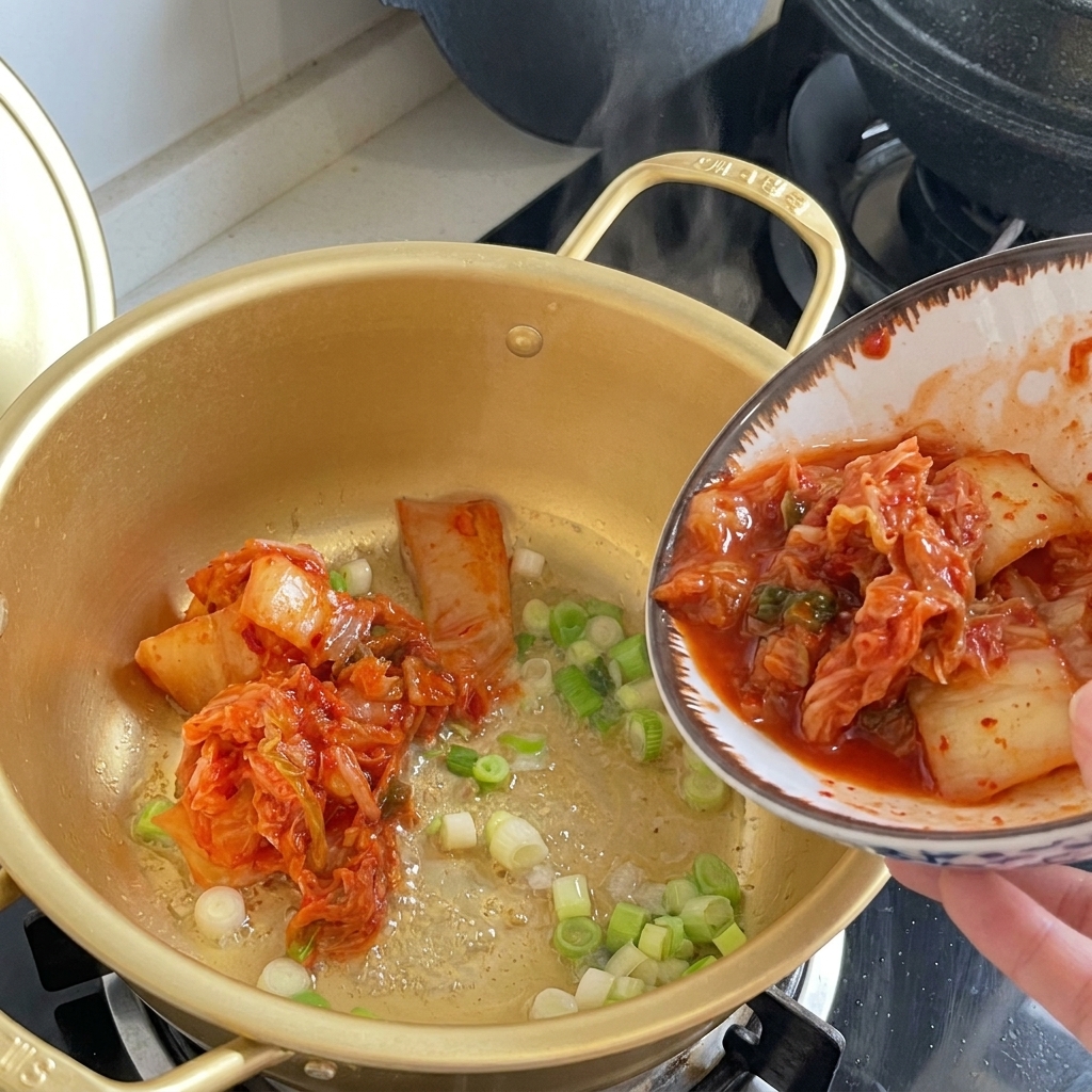 Przekładanie kawałków kimchi pałeczkami z białej miski do garnka z dymką.