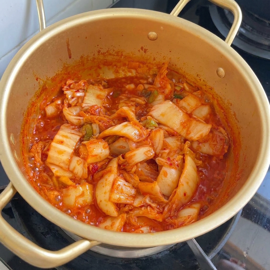 Ciemny sos sojowy wlewany do bulgoczącej mieszanki kimchi w garnku.