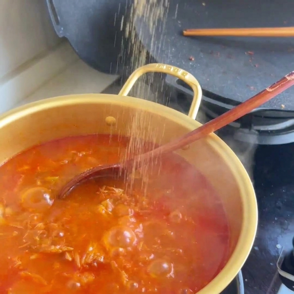 Roztrzepane jajka wlewane na gorącą patelnię i smażone na puszystą masę.