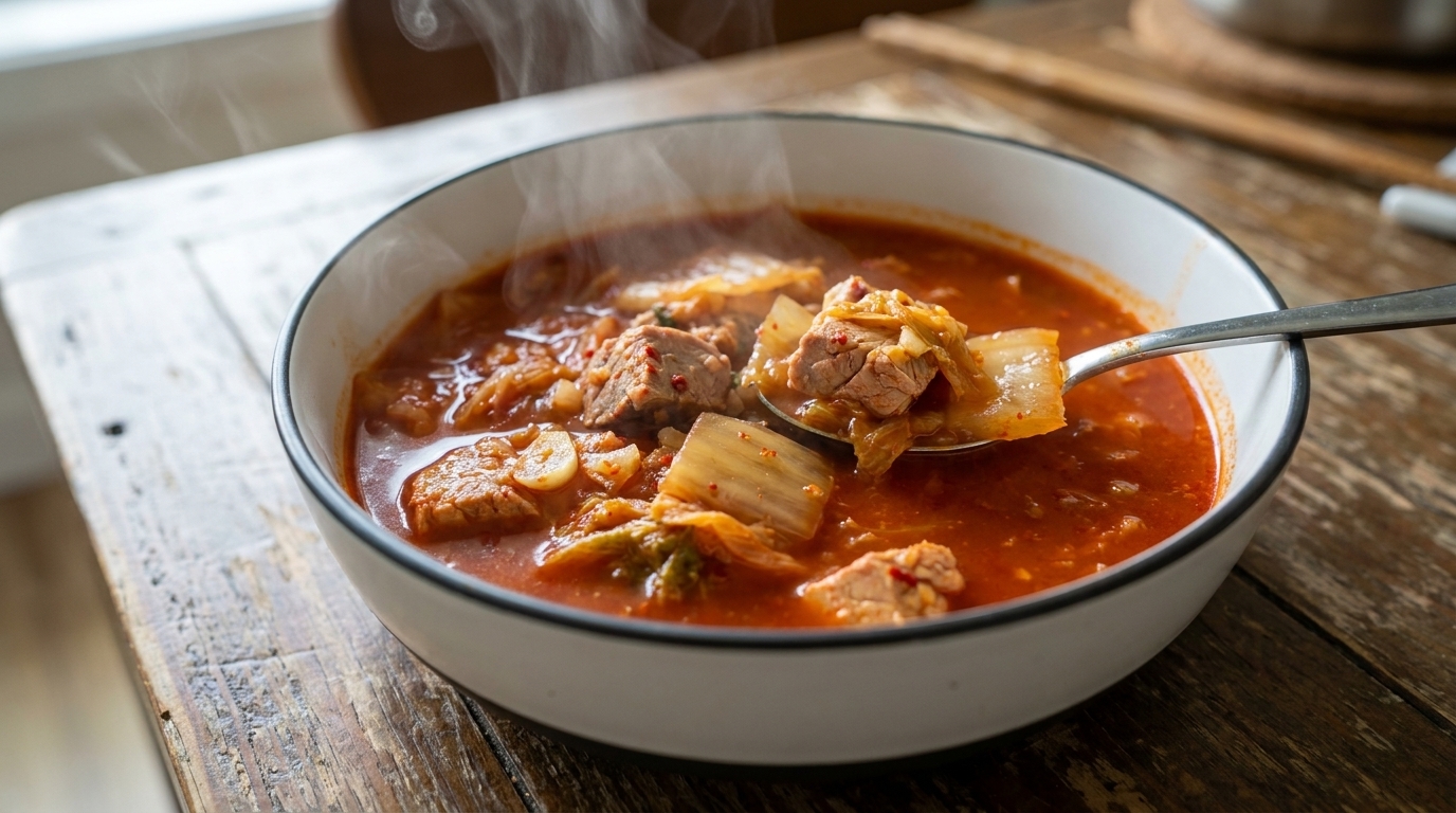 Koreański gulasz kimchi z tuńczykiem i domowymi kulkami ryżowymi (Chamchi Kimchi Jjigae)