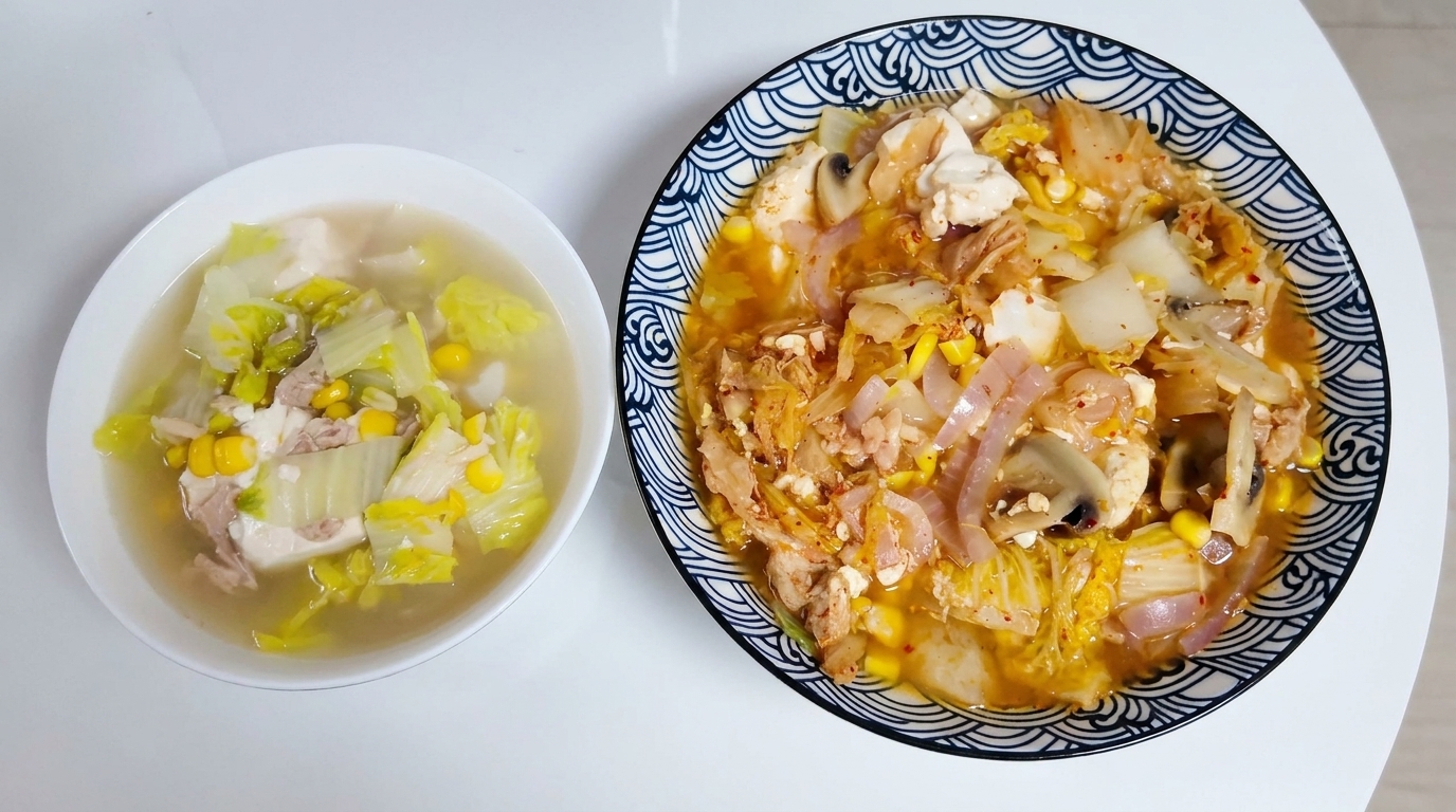 Zdrowa zupa kimchi z tuńczykiem, tofu i kukurydzą