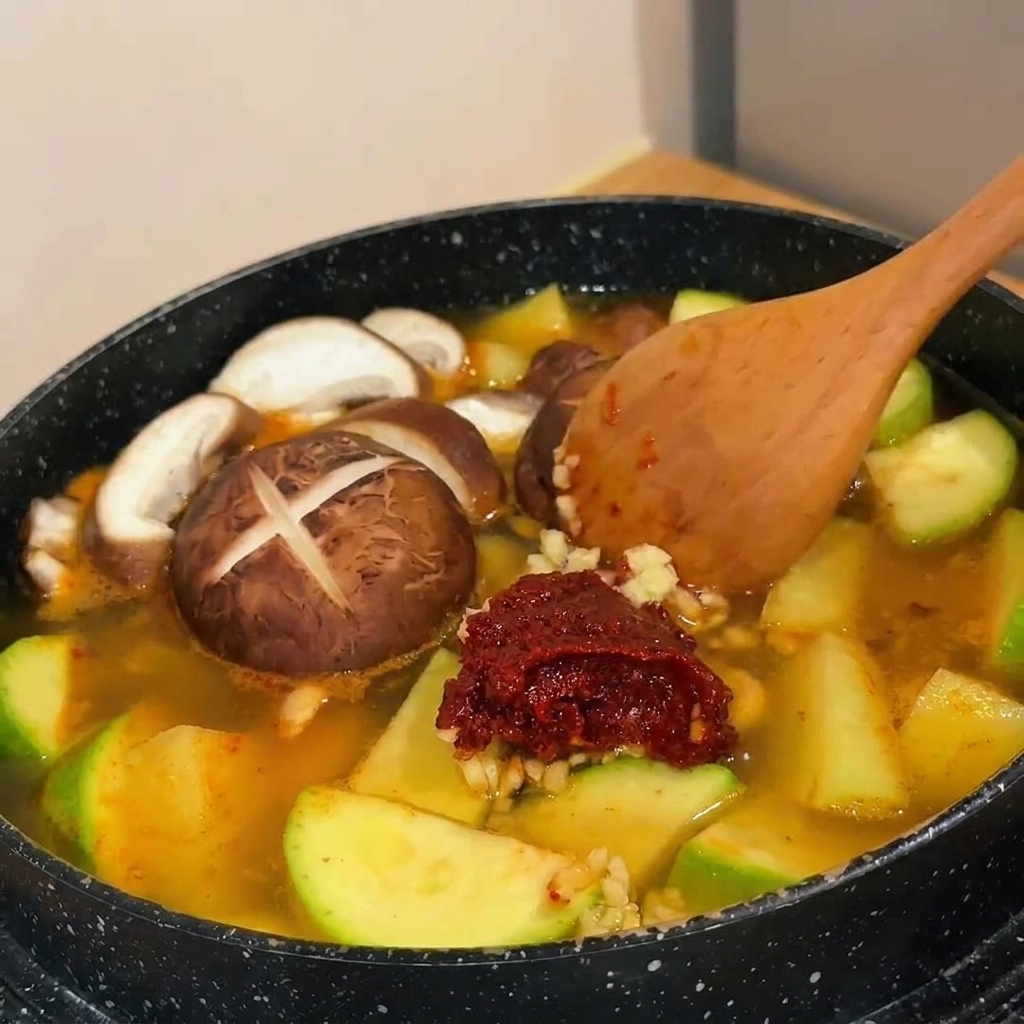 Gęsta, ciemnoczerwona pasta z chili i czosnku mieszana w gotującym się gulaszu warzywnym.