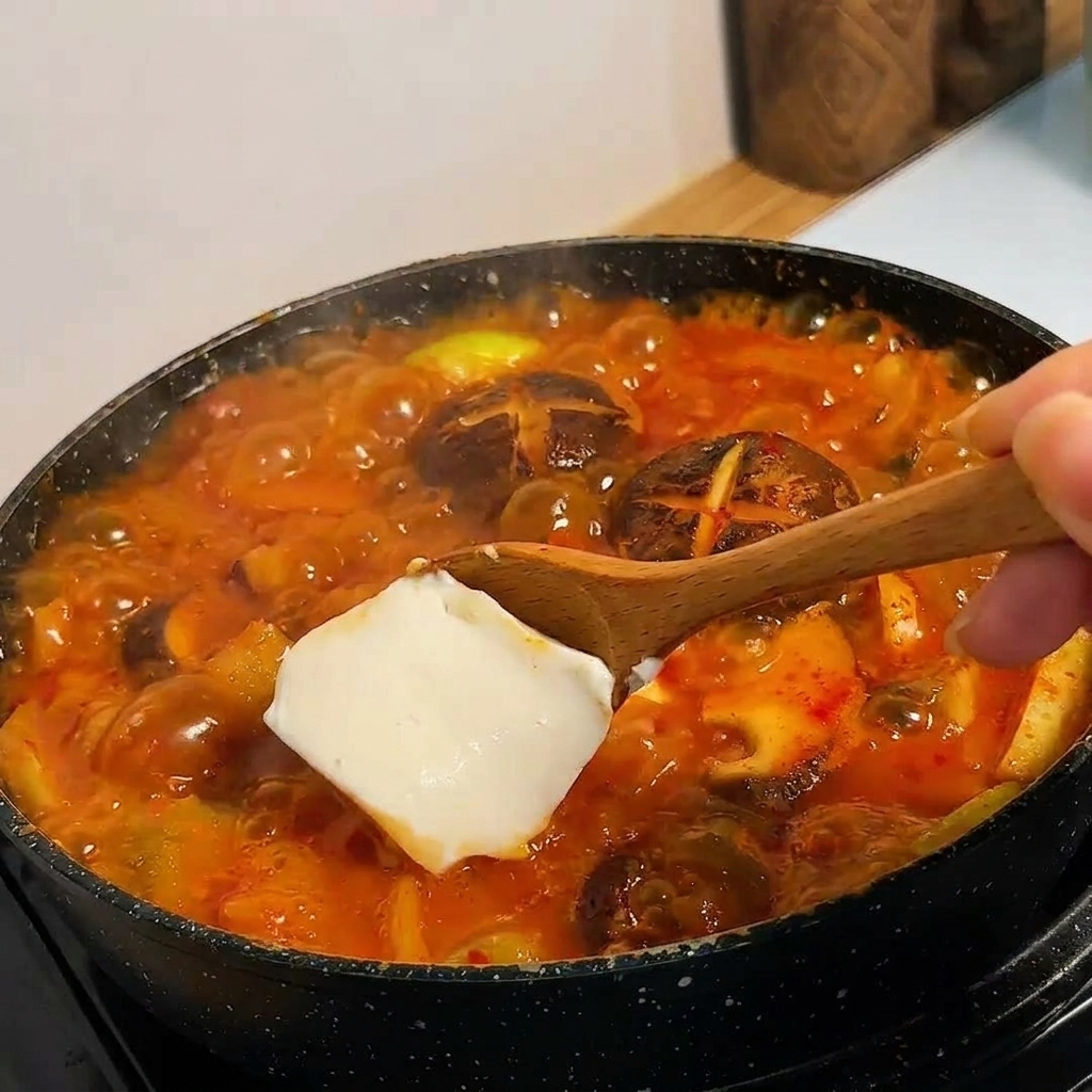 Blok jedwabistego białego tofu zanurzany w bulgoczącym, czerwonym wywarze koreańskim.