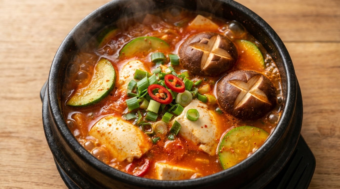 Bulgoczący garnek pikantnego gulaszu Sundubu-jjigae z naciętymi grzybami shiitake i świeżym chili.