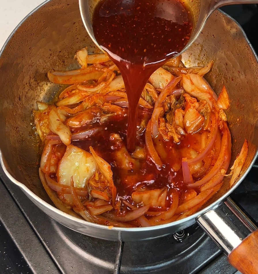 Wlewanie czerwonego sosu chili do garnka z kimchi i cebulą.