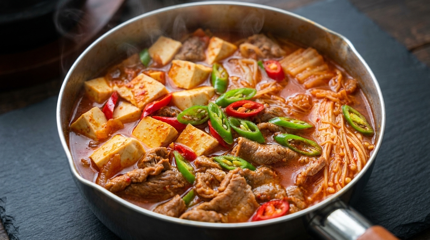 Koreańska zupa Kimchi-jjigae z wołowiną i tofu