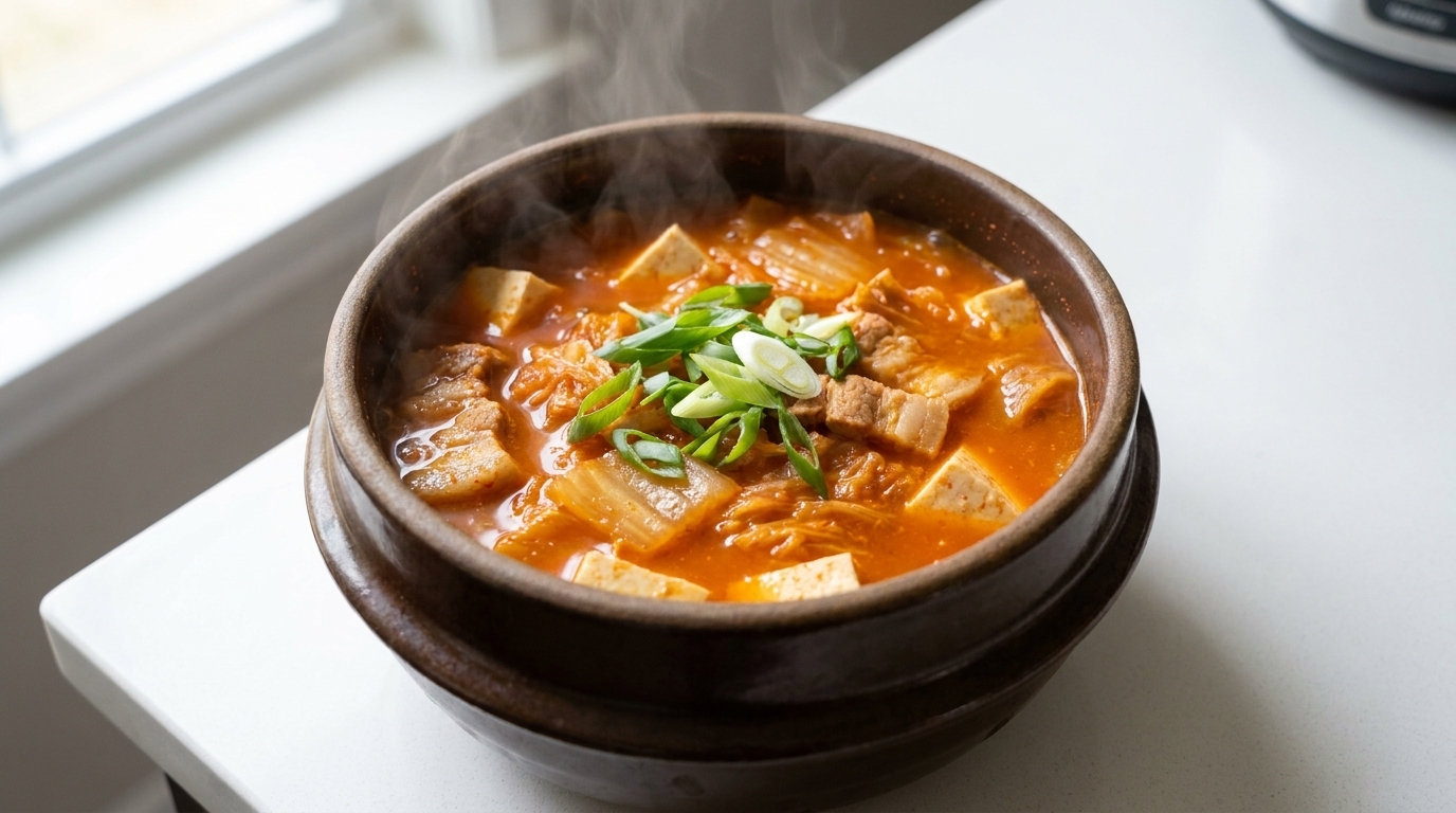 Szybkie Kimchi Jjigae z boczkiem i pomidorkami koktajlowymi
