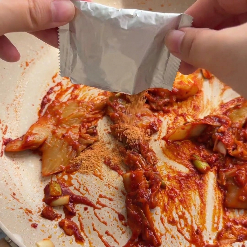 Przyprawa z makaronu ramen wysypywana ze srebrnej saszetki na czerwoną mieszankę kimchi na patelni.