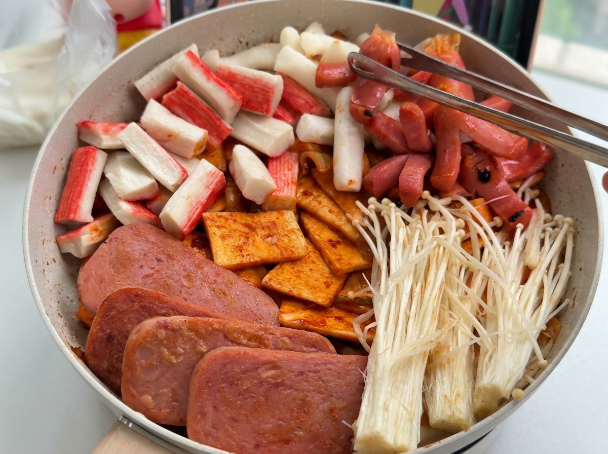 Różne składniki zupy, w tym mielonka, paluszki krabowe i grzyby enoki, starannie ułożone sekcjami w garnku.