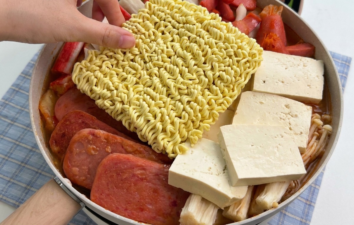 Dłoń kładąca suchy makaron ramen na mieszankę parówek, mielonki i tofu w dużym garnku.