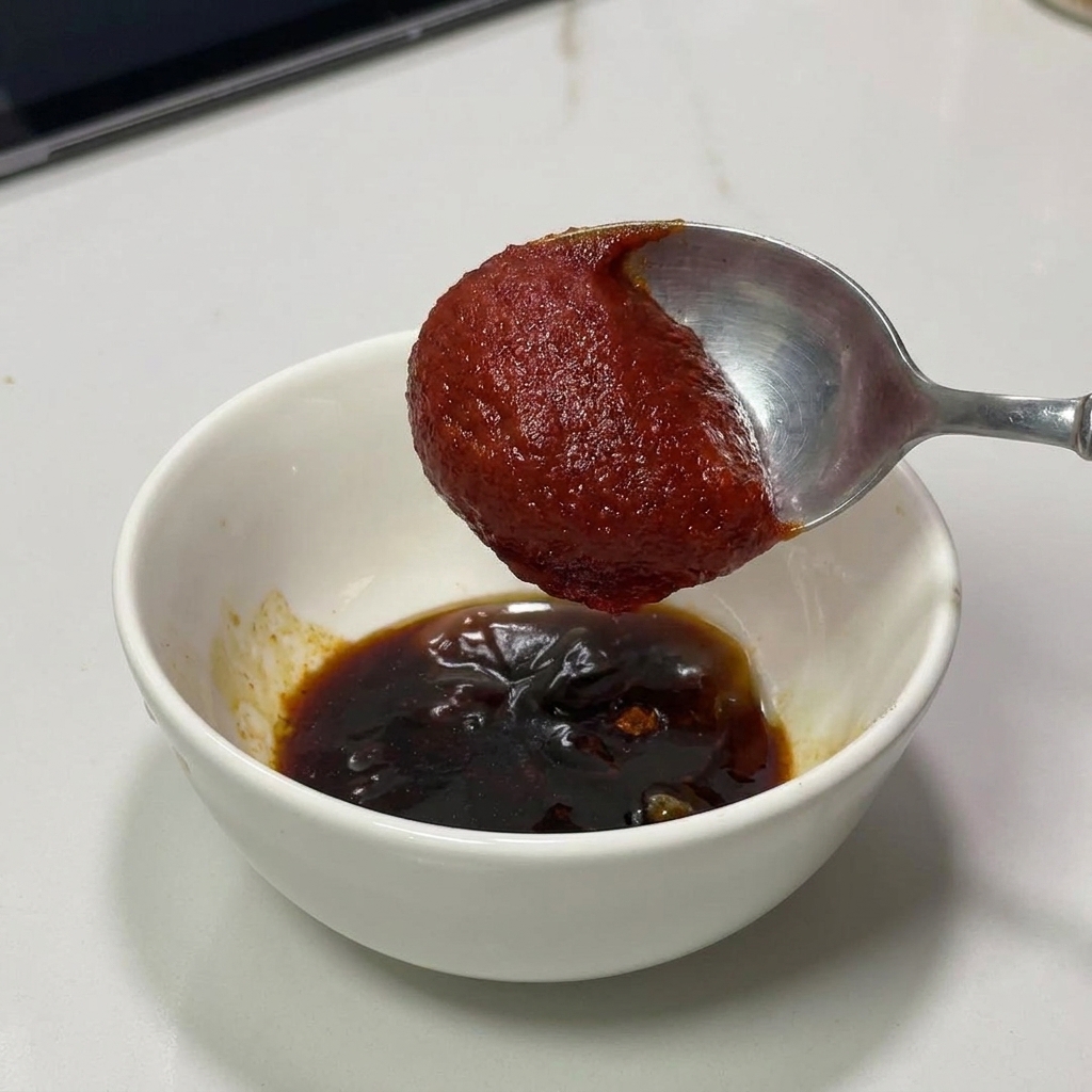 Łyżka z gęstą, ciemnoczerwoną pastą gochujang nad miseczką z pozostałymi przyprawami.