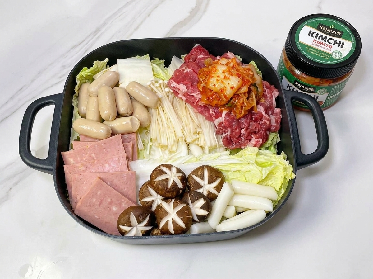 Garnek wypełniony kolorowymi warstwami wołowiny, parówek, kimchi, klusek ryżowych i warzyw.
