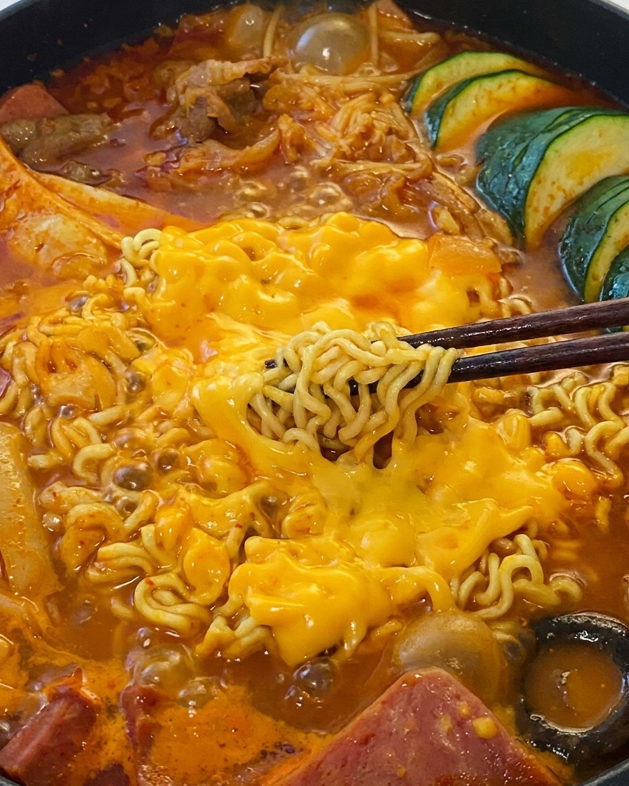 Zbliżenie na makaron instant podnoszony pałeczkami, pokryty warstwą roztopionego żółtego sera w czerwonej zupie.