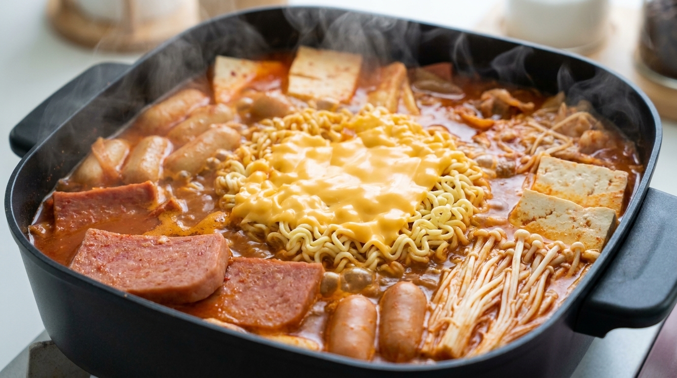 Pikantna koreańska zupa armijna gotująca się w garnku z plastrem sera topiącym się na makaronie instant.