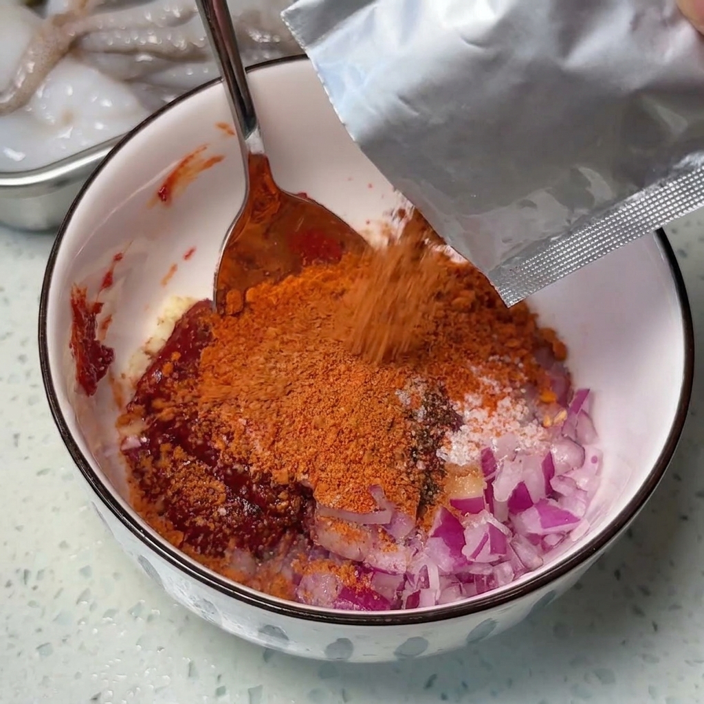 Pomarańczowo-czerwona przyprawa wsypywana ze srebrnej saszetki do miski z pastą chili.