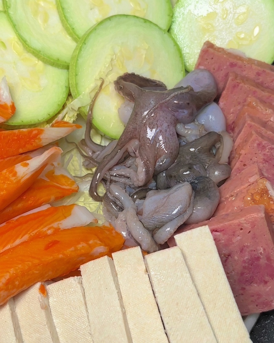 Zbliżenie na garnek wypełniony cukinią, mielonką, tofu, paluszkami krabowymi i surową ośmiornicą.