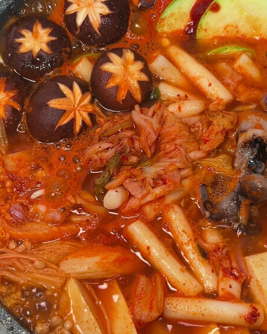 Sfermentowane kimchi dodane na środek bulgoczącego kociołka wojskowego.