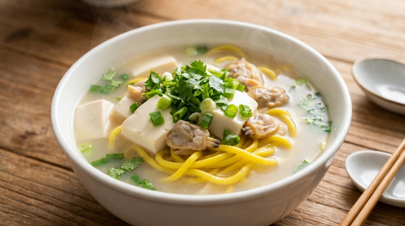 Zupa z małży i jedwabistego tofu z makaronem Cha-zi z Dandong